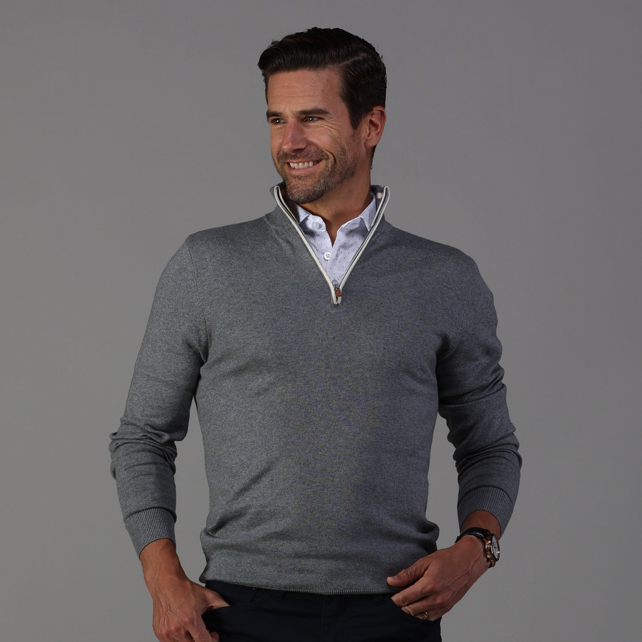 Grey with White Trim Luxury Touch Cotton and Cashmere Quarter Zip Swea ...