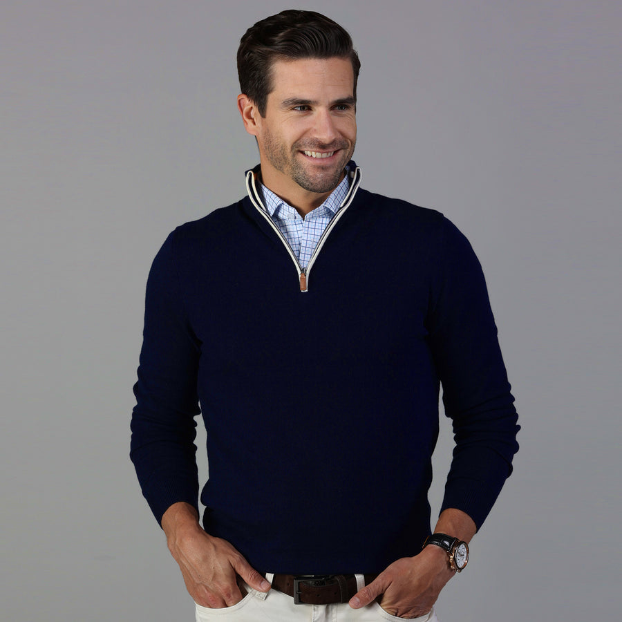 Navy with White Trim Luxury Touch Cotton and Cashmere Quarter Zip Swea ...