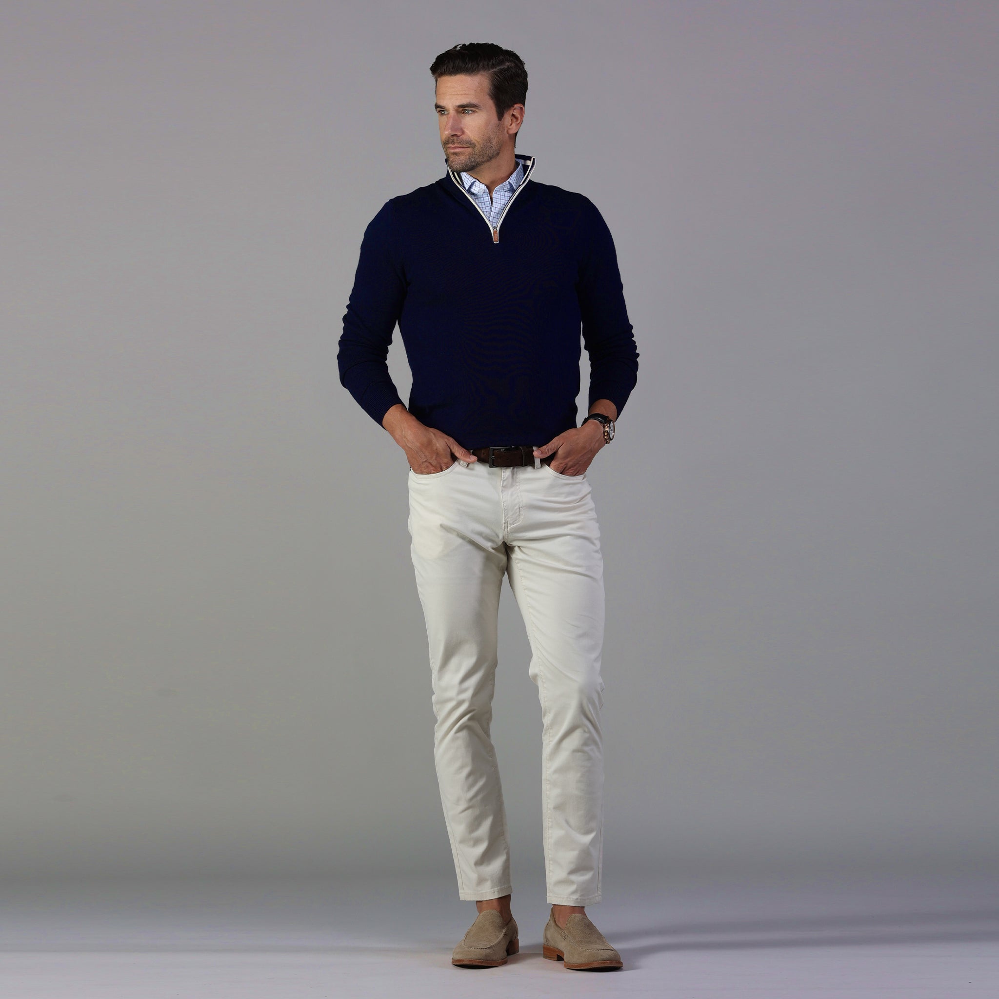 Navy with White Trim Luxury Touch Cotton and Cashmere Quarter Zip Swea ...