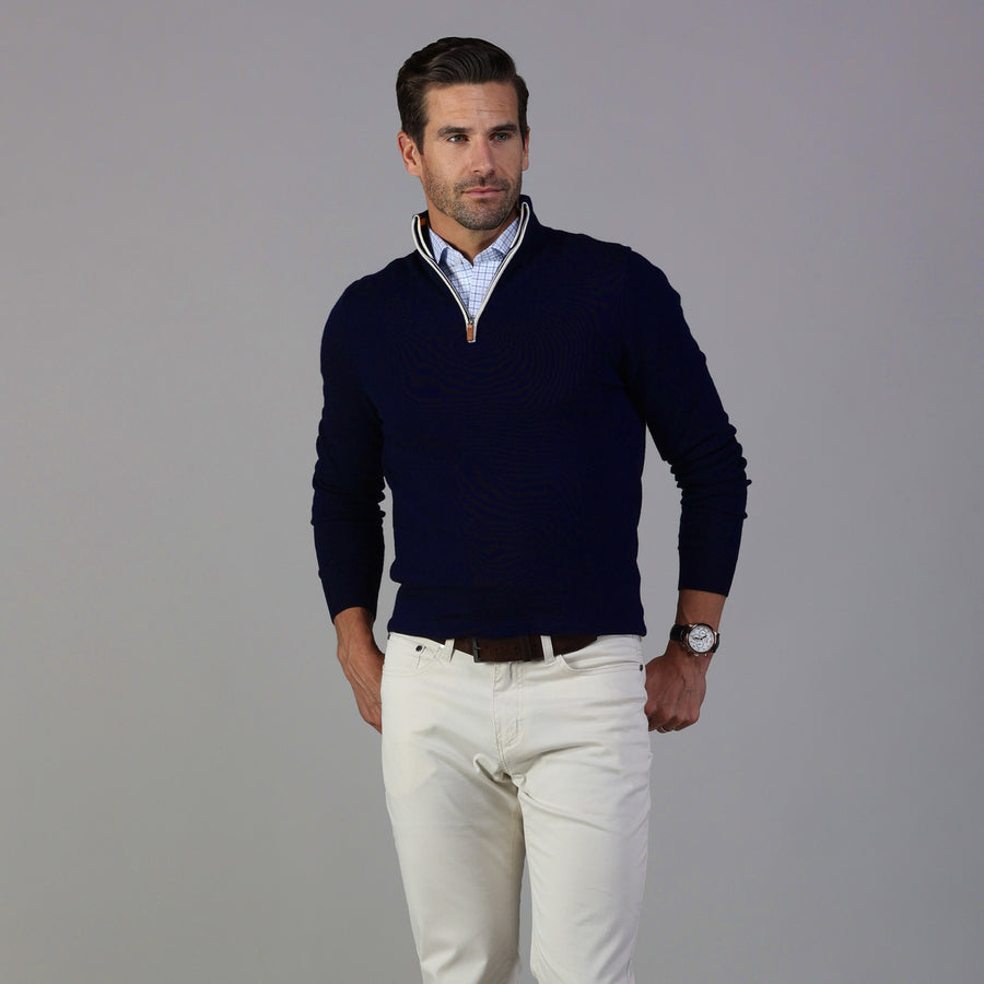 Navy with White Trim Luxury Touch Cotton and Cashmere Quarter Zip Sweater