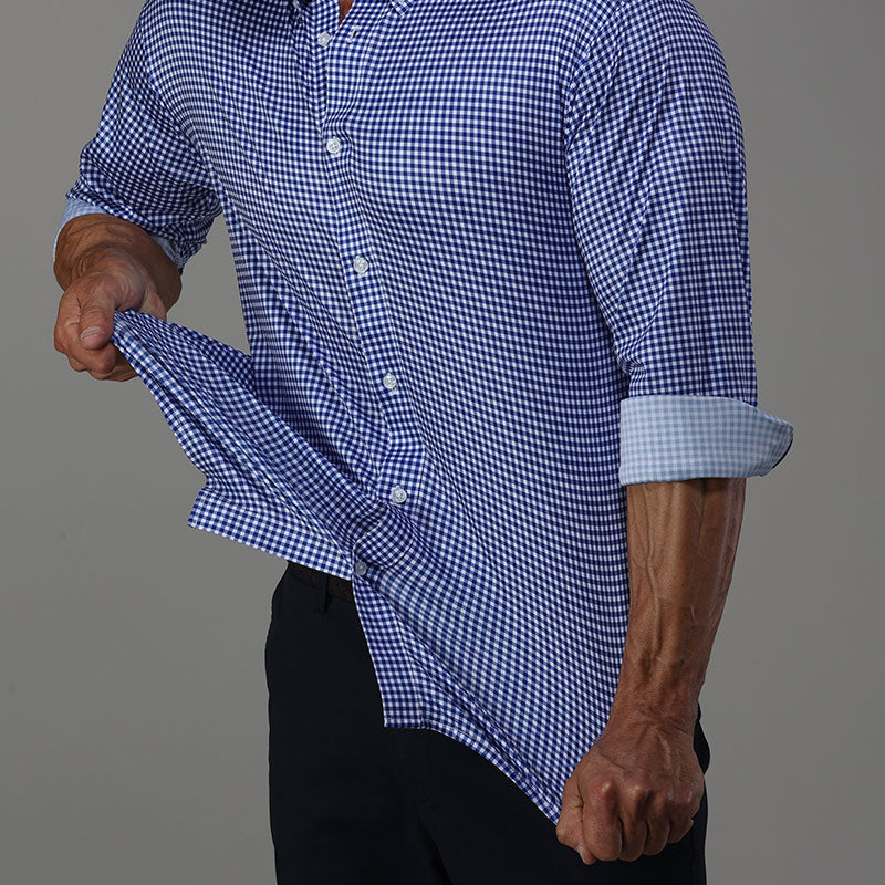 Quattro Flex Dress Shirt with Button Down Collar Blue Gingham
