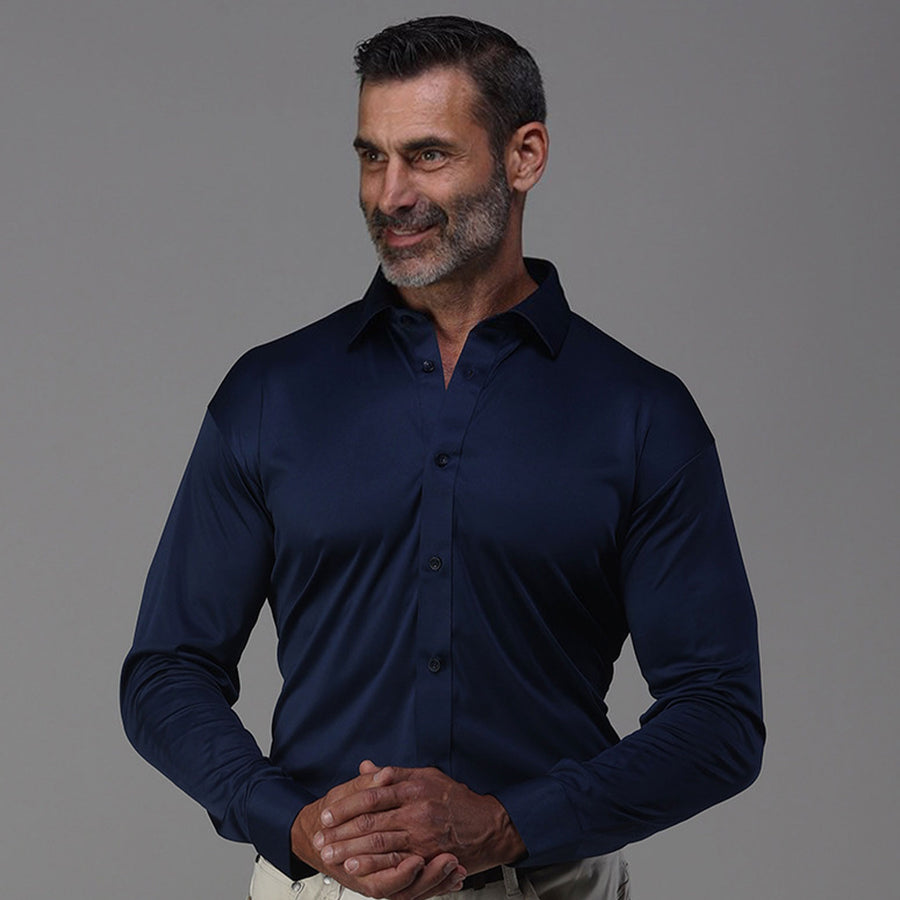 Quattro Flex Dress Shirt with Semi-Spread Collar Navy