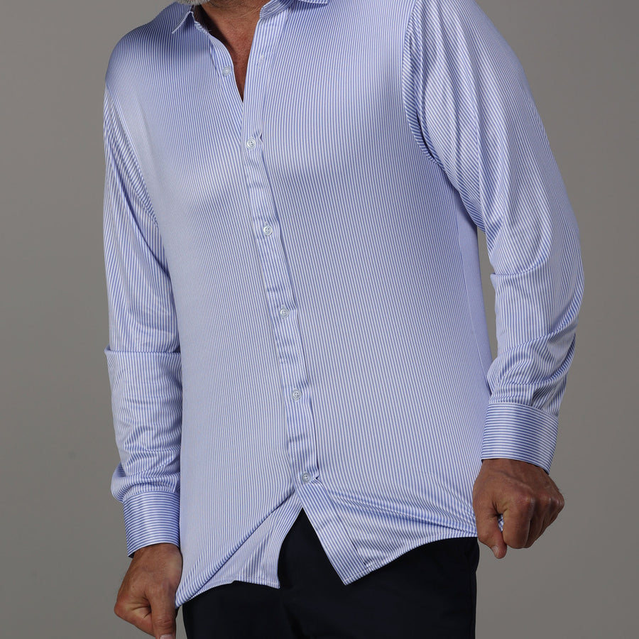 Quattro Flex Dress Shirt with Semi-Spread Collar Regent Blue Stripe Collars & Co. Quattro Flex Dress Shirt with Semi-Spread Collar Regent Blue Stripe Collars & Co.