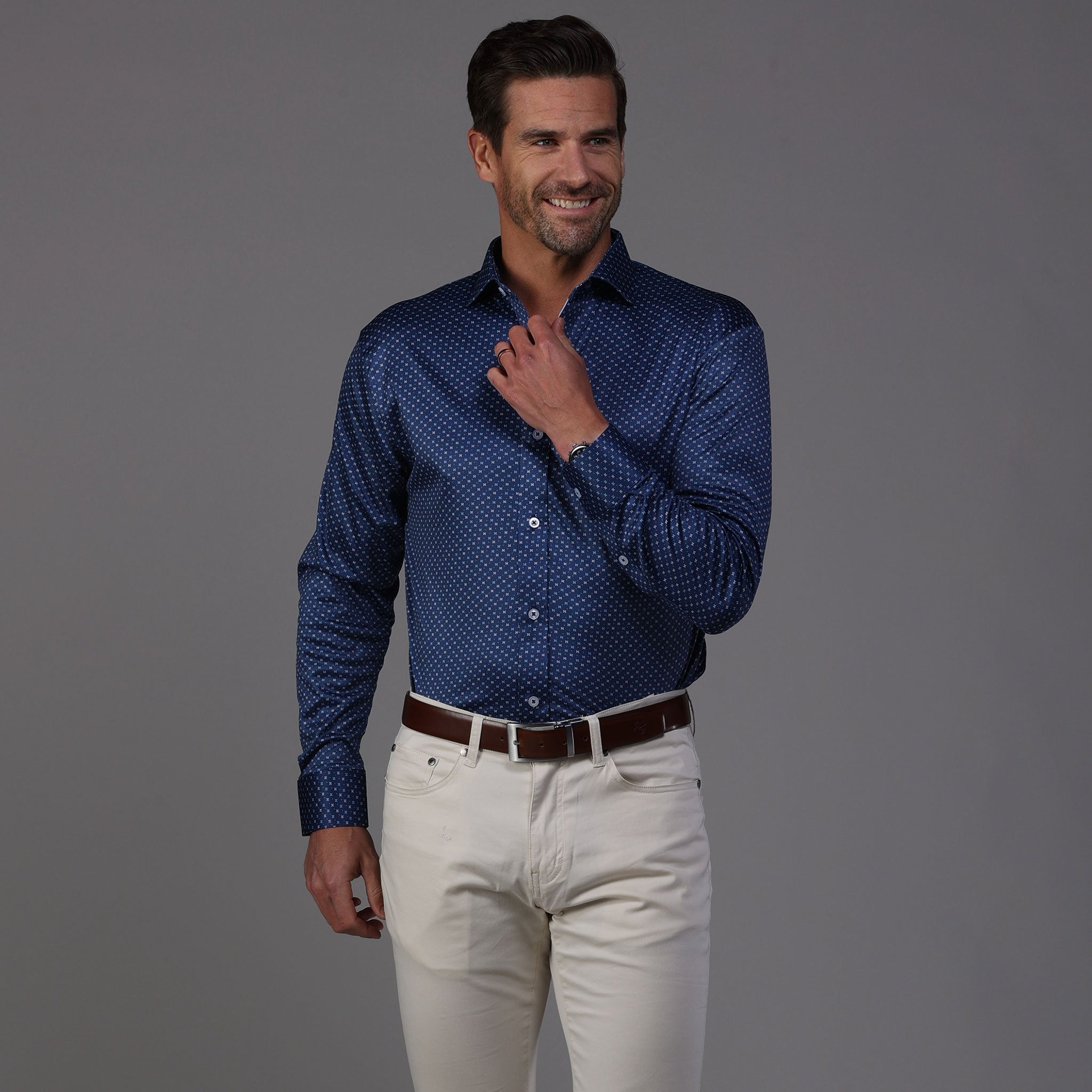 Quattro Flex Dress Shirt with Semi-Spread Collar Polo Los Cabos Blue S ...