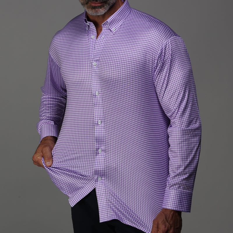 Quattro Flex Dress Shirt with Button Down Collar Lavender Gingham