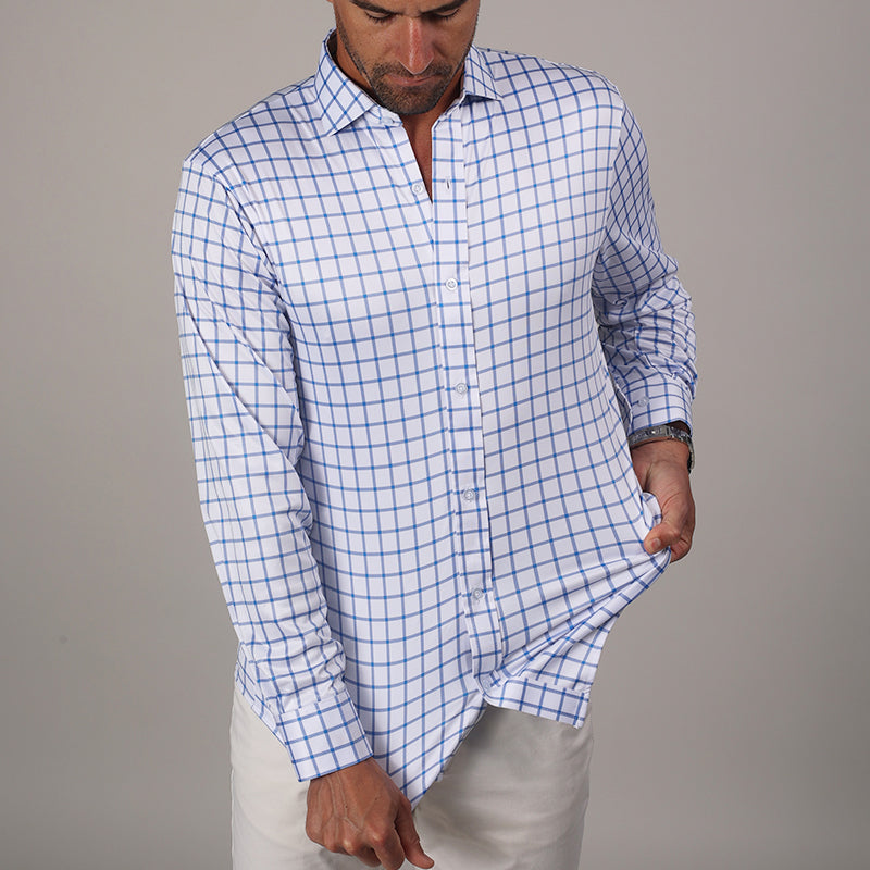 Quattro Flex Dress Shirt with Semi-Spread Collar Blue Grid Check