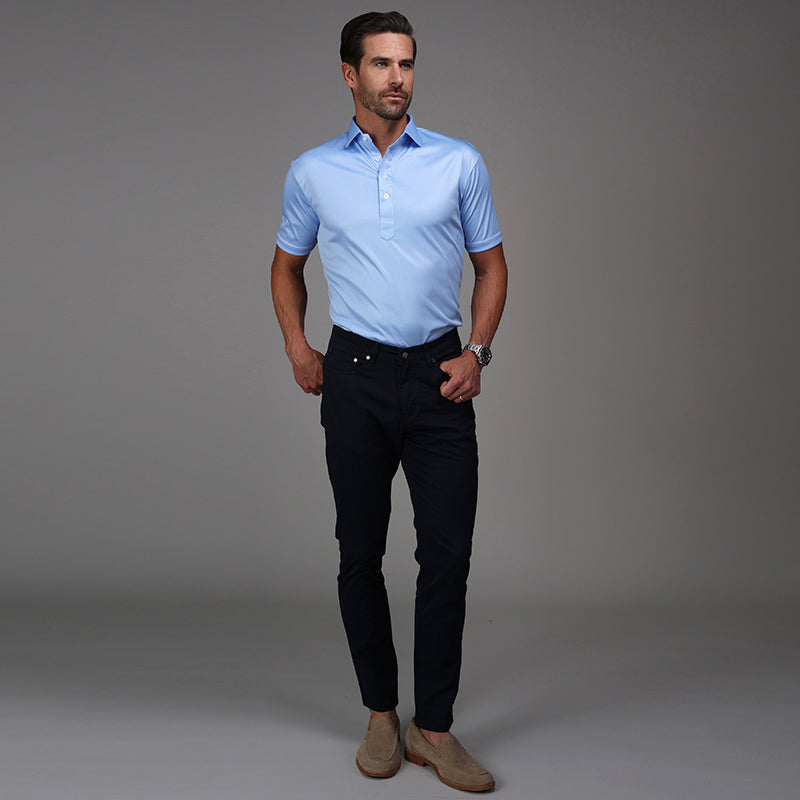 Semi-Spread Collar Polo Light Blue Herringbone Collars & Co. Semi-Spread Collar Polo Light Blue Herringbone Collars & Co.