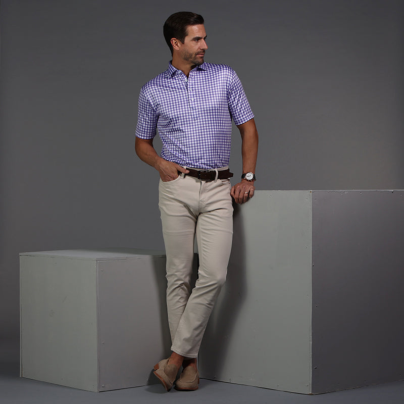 Semi-Spread Collar Polo Light Purple Gingham