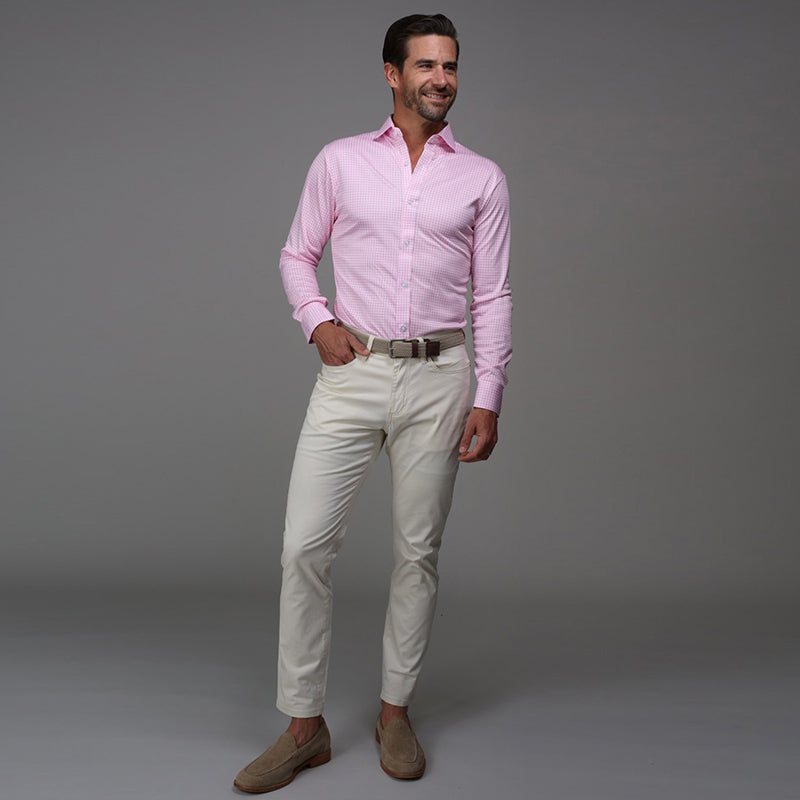 Quattro Flex Dress Shirt with Semi-Spread Collar Pink Gingham
