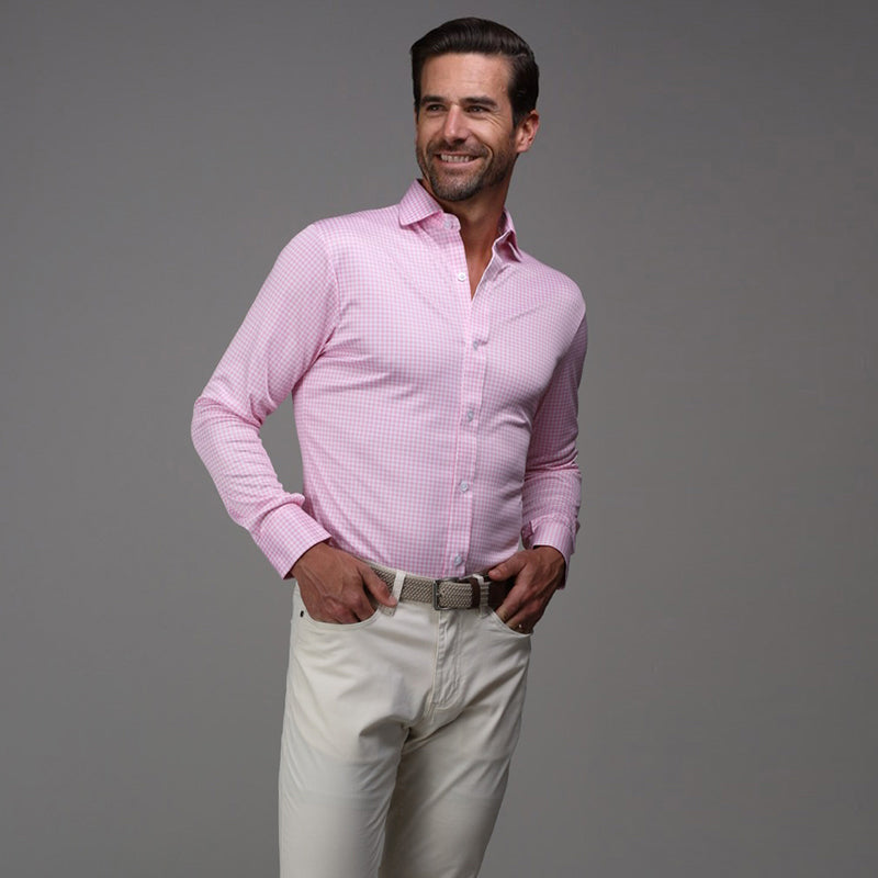 Quattro Flex Dress Shirt with Semi-Spread Collar Pink Gingham