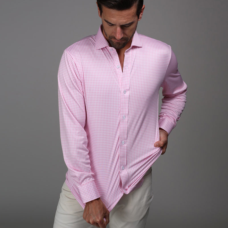 Quattro Flex Dress Shirt with Semi-Spread Collar Pink Gingham S / Pink Gingham