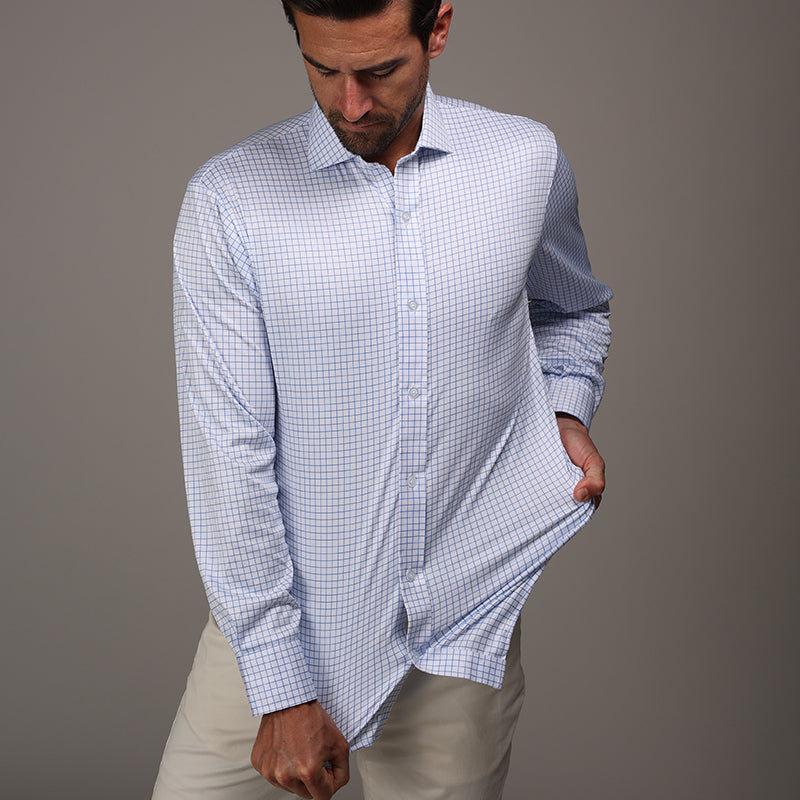 Quattro Flex Dress Shirt with Semi-Spread Collar Thin Blue Check