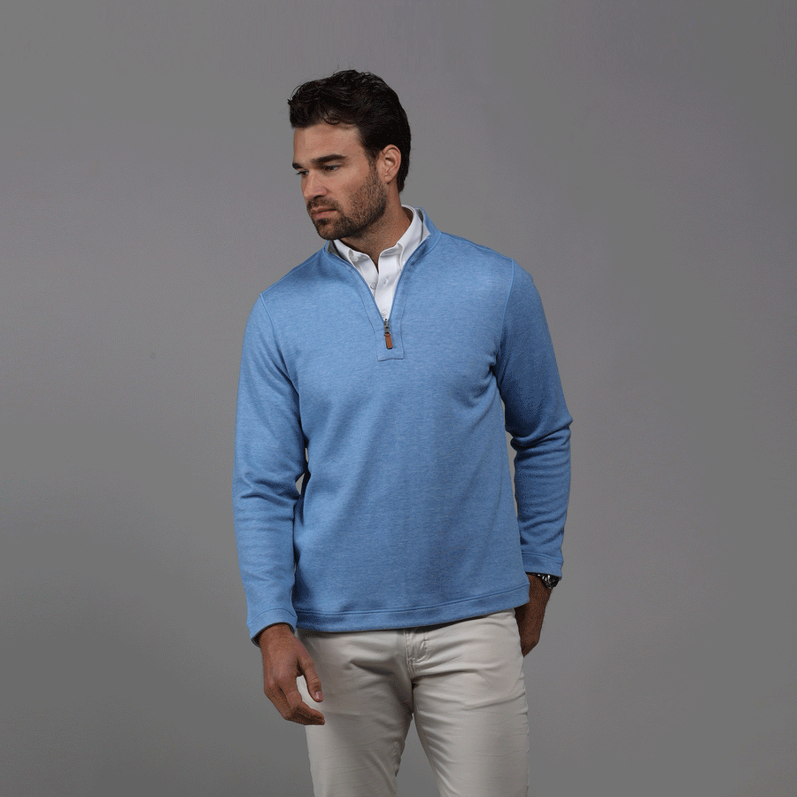 Sky Blue and Light Grey Zen Cotton Blend Reversible Quarter Zip Pullover