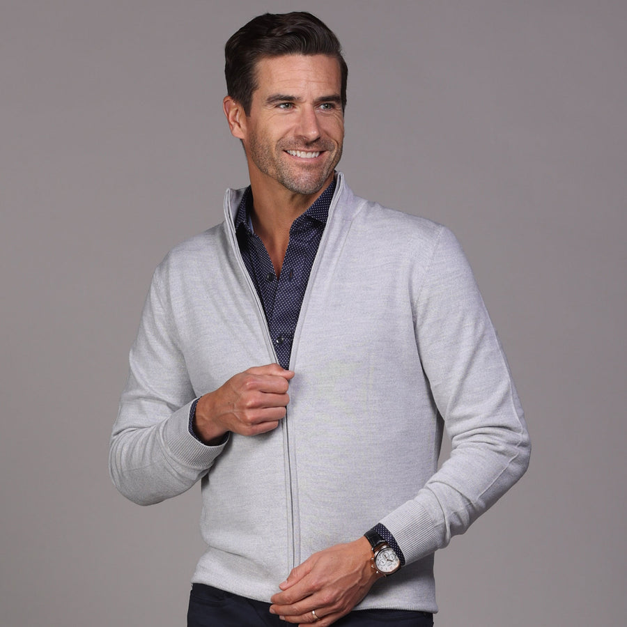 Light Grey Melange Cashmere Touch Australian Merino Full Zip Mock Neck Sweater