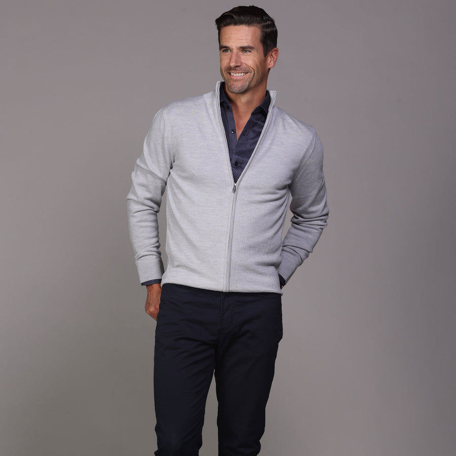 Light Grey Melange Cashmere Touch Australian Merino Full Zip Mock Neck Sweater