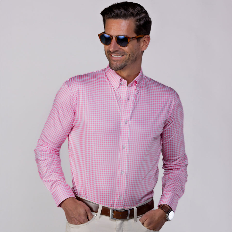 Quattro Flex Dress Shirt with Button Down Collar Pink Gingham