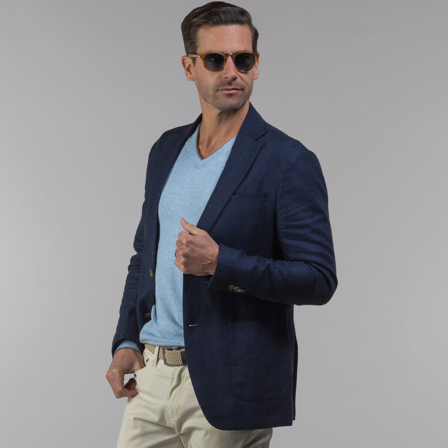 Positano Luxury Touch V-Neck Sweater Coastal Blue with Grey Trim