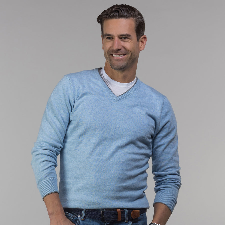 Positano Luxury Touch V-Neck Sweater Coastal Blue with Grey Trim