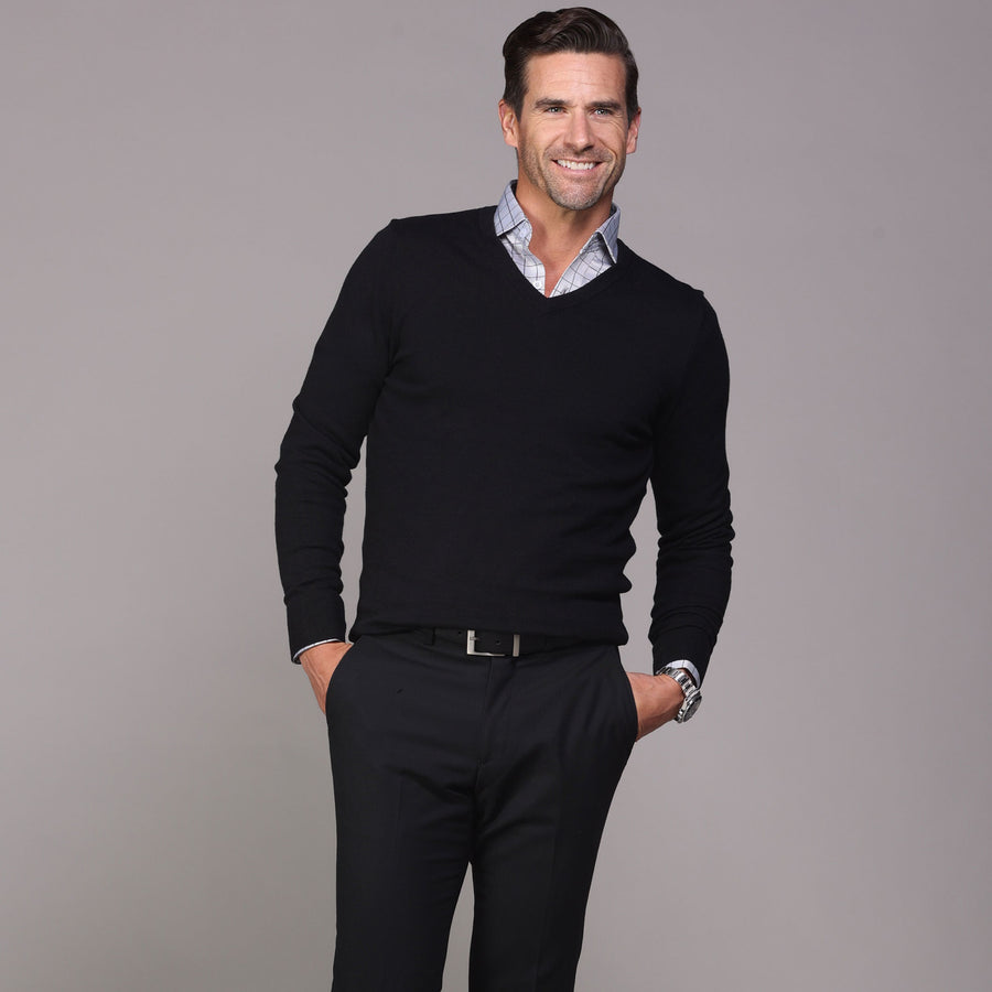 black dress shirt with black sweater Black V-neck Sweater with Dress Shirt Outfits For Men (26 ideas & outfits)