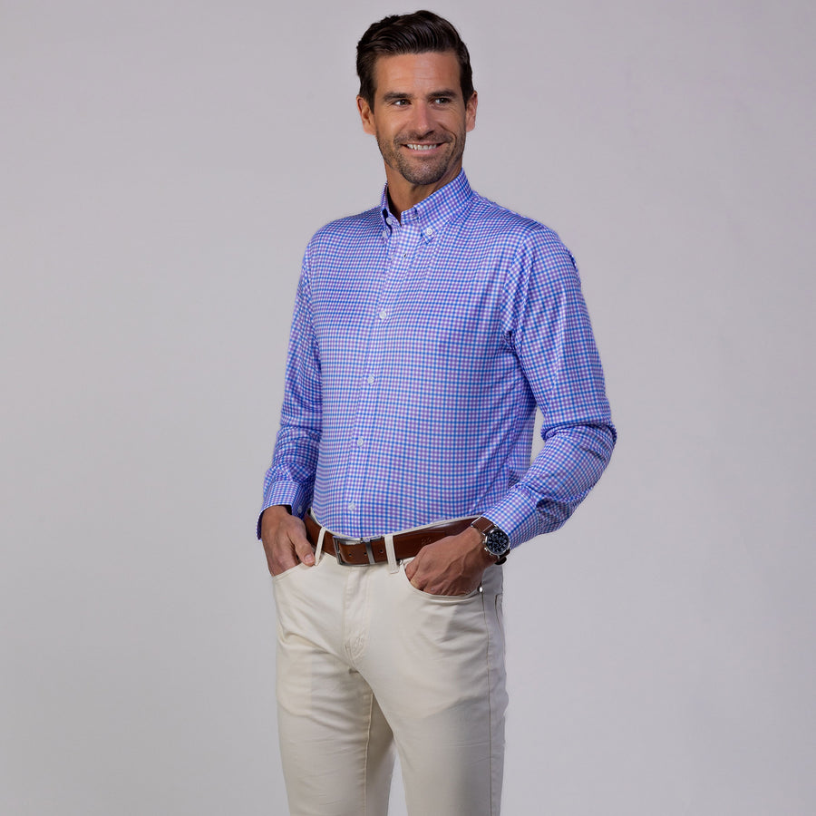Quattro Flex Dress Shirt with Button Down Collar Blue and Purple Tattersall