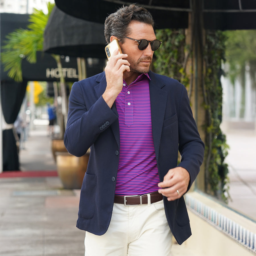 Featherweight Flex Polo Collins Berry with Navy Stripe – Collars & Co.