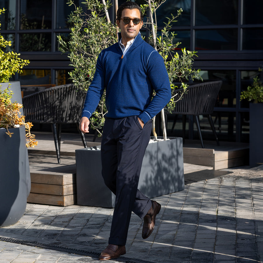 Napoli Accent Quarter Zip Wool & Cashmere Sweater Navy
