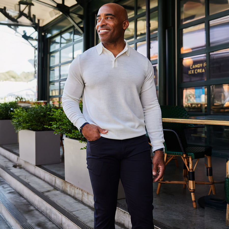 Bellagio Three Button Long Sleeve Merino Polo Cream