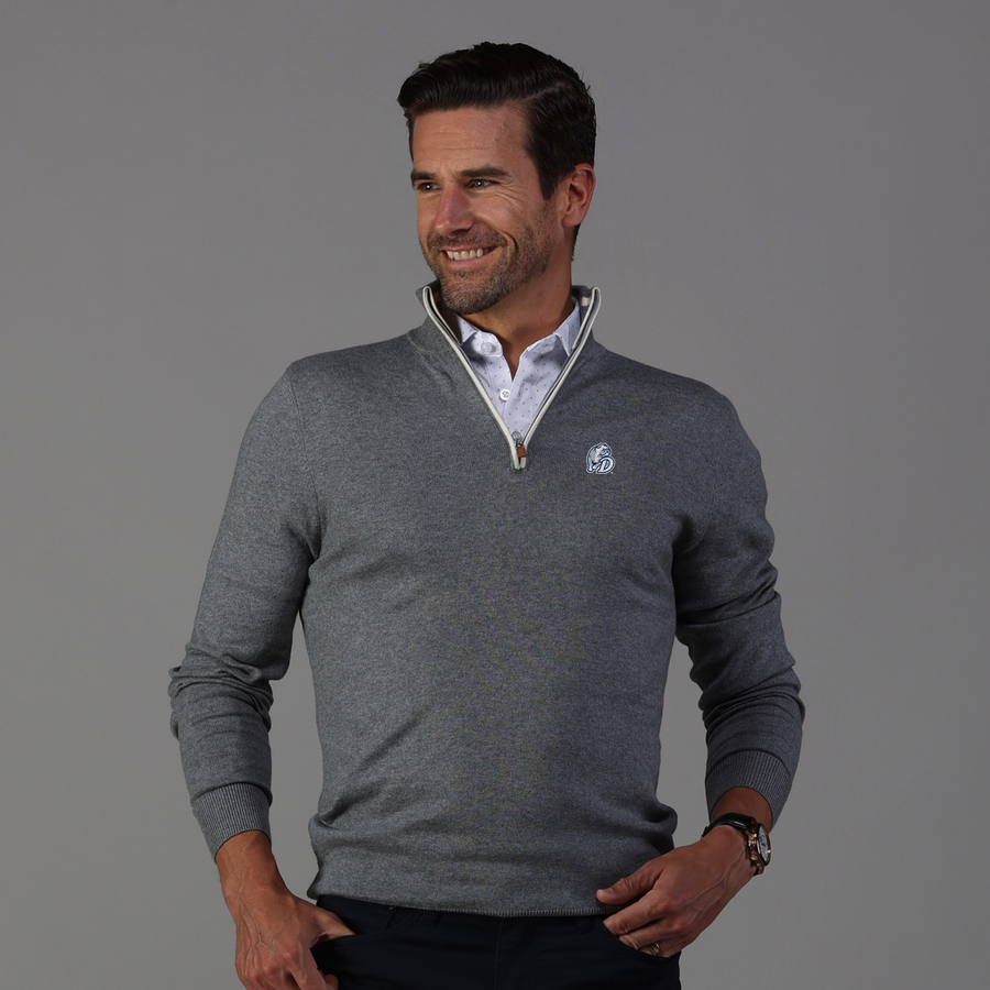 Drake Grey with White Trim Luxury Touch Cotton and Cashmere Quarter Zip Sweater