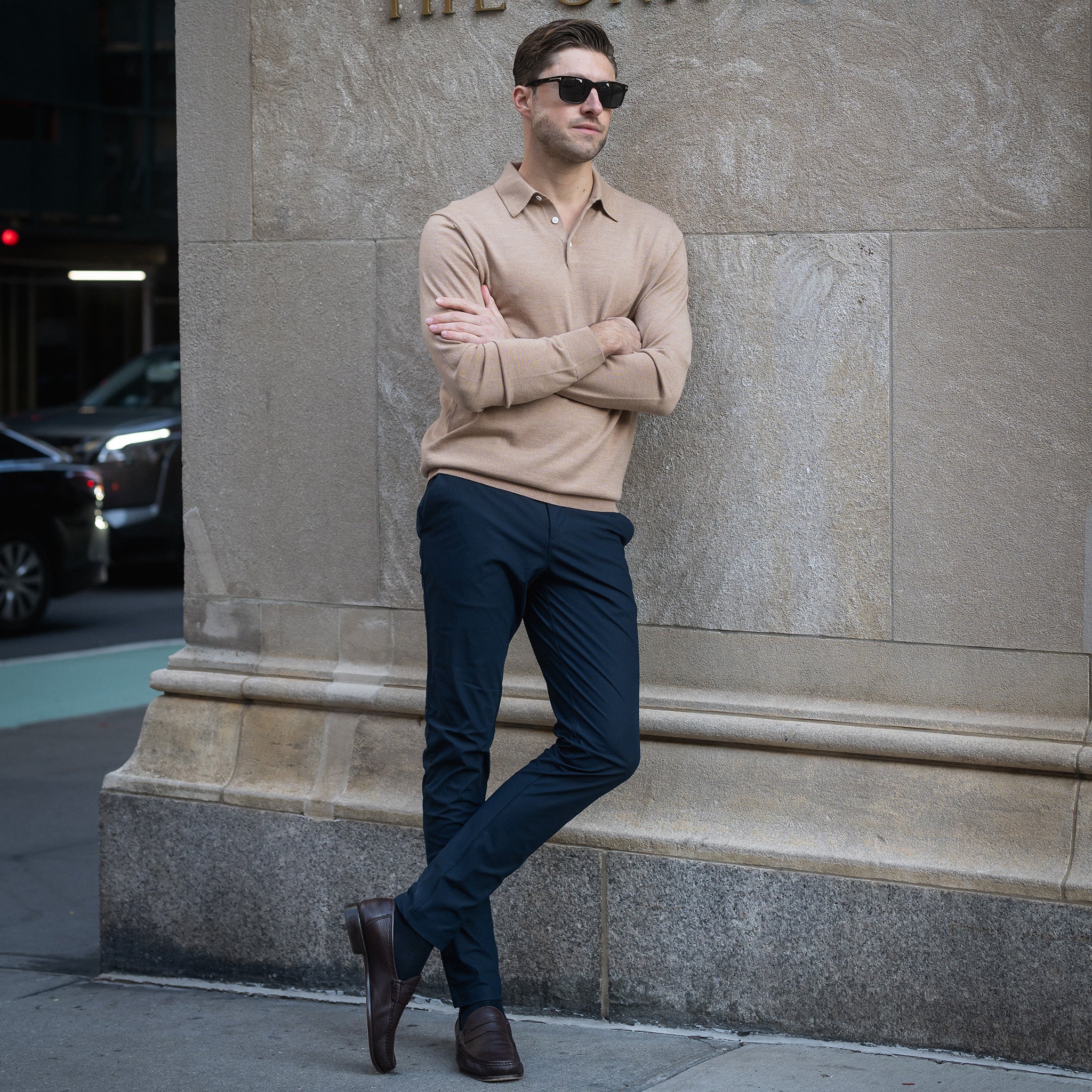Picture Idea: Bellagio Three Button Long Sleeve Merino Polo Camel