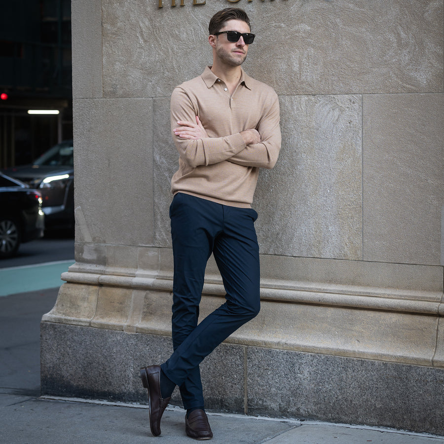 Bellagio Three Button Long Sleeve Merino Polo Camel