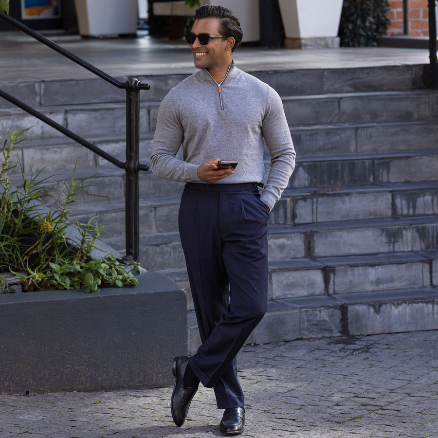 Grey with Grey Trim Luxury Touch Cotton and Cashmere Quarter Zip Sweater