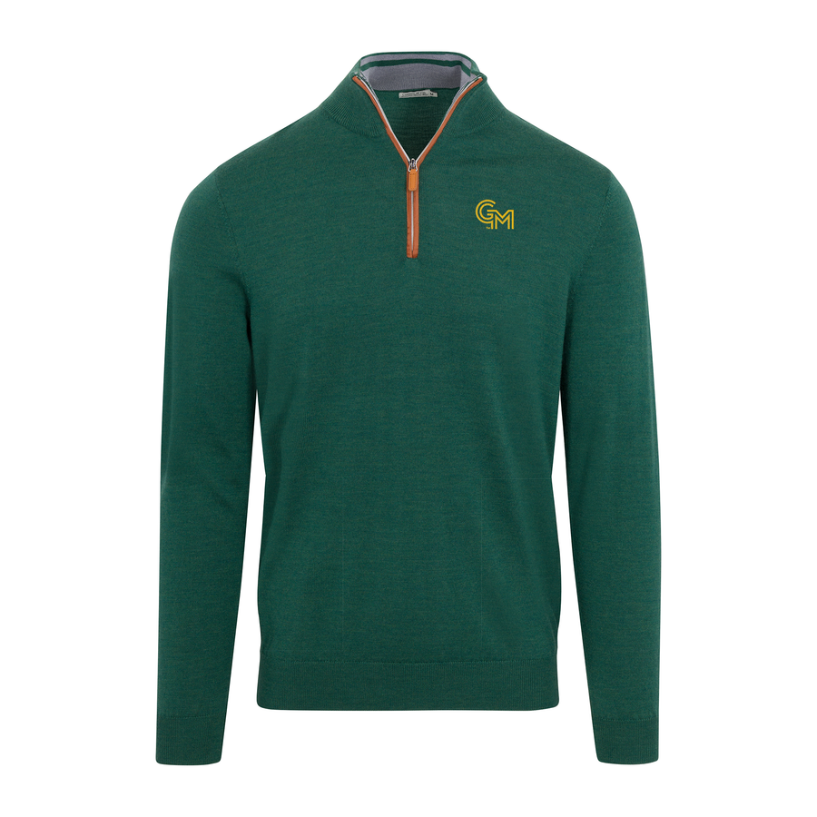 George Mason Hunter Green with Brown Suede Trim Cashmere Touch Australian Merino Quarter Zip Sweater