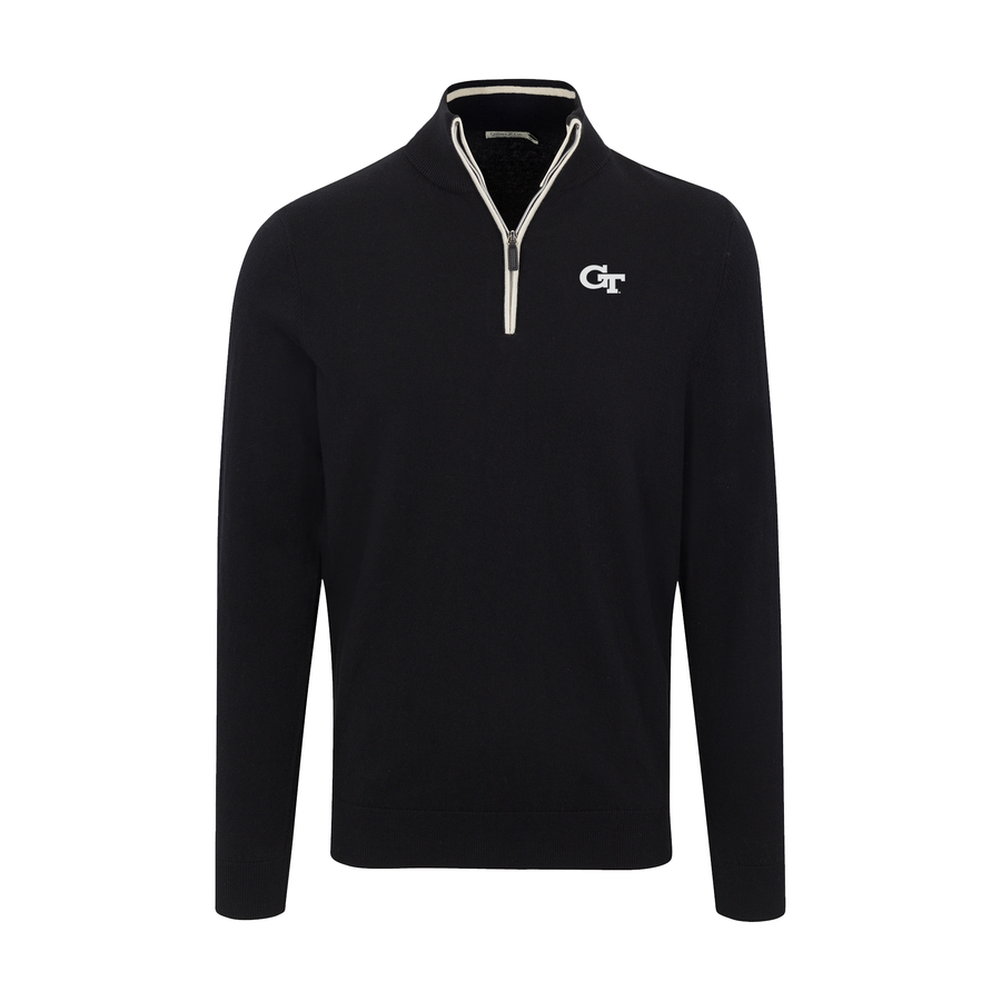 Georgia Tech Black with White Trim Luxury Touch Cotton and Cashmere Quarter Zip Sweater