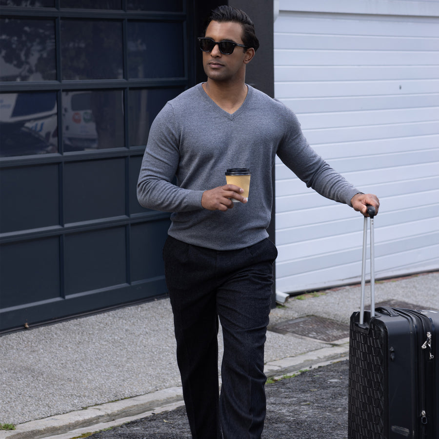 Grey Luxury Touch Cotton and Cashmere V-Neck Sweater