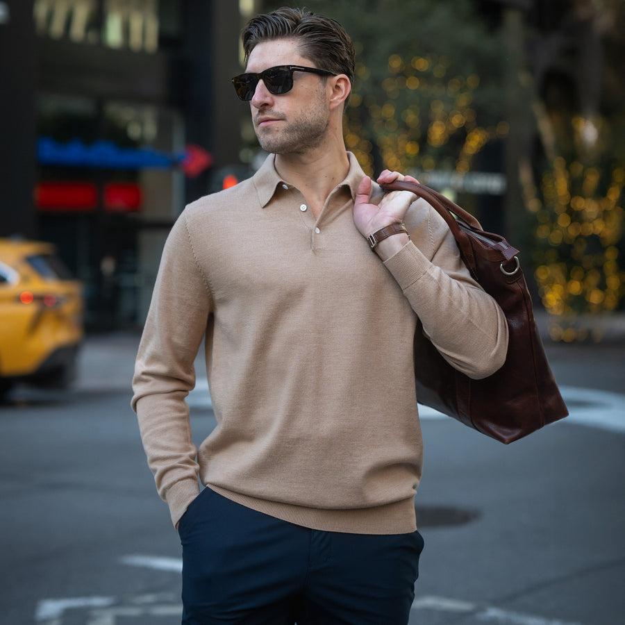 Bellagio Three Button Long Sleeve Merino Polo Camel