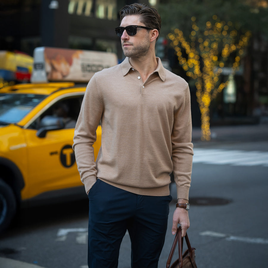 Bellagio Three Button Long Sleeve Merino Polo Camel