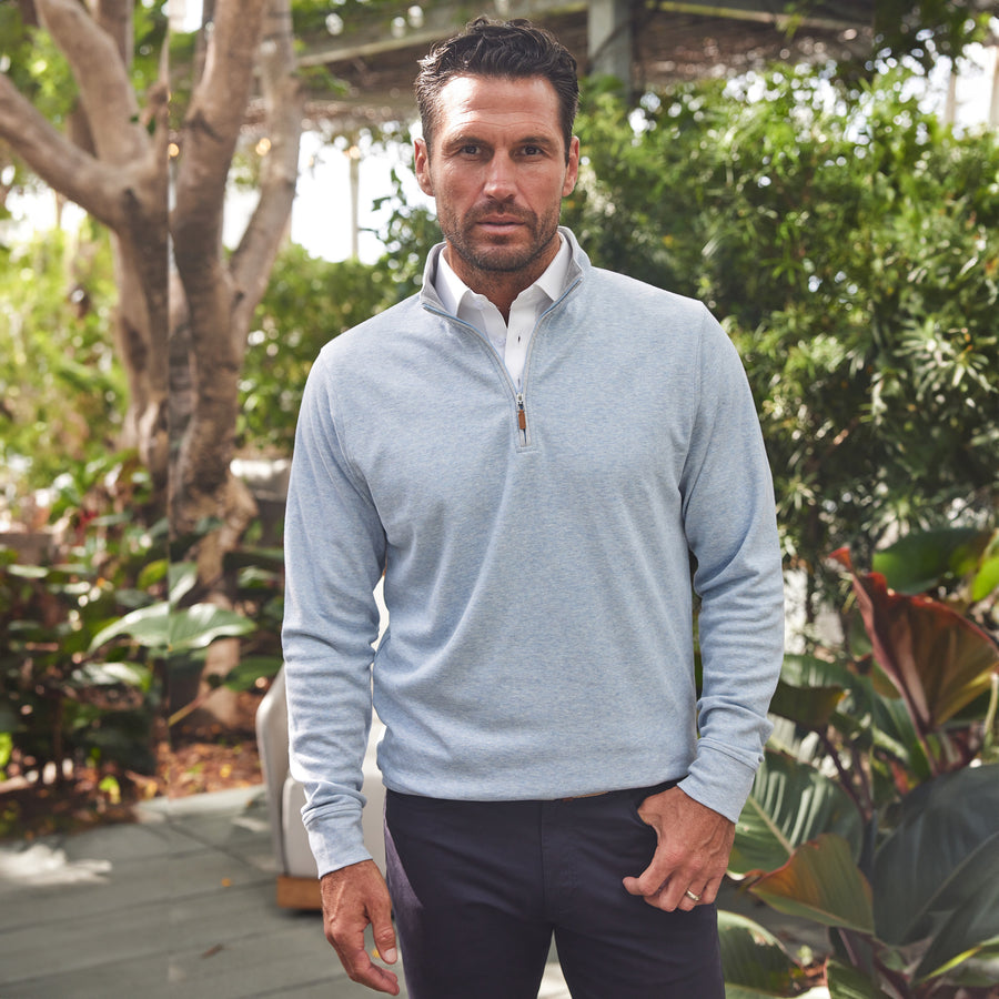 quarter zip over dress shirt Holderness & Bourne The Bell Quarter-Zip Pullover Heathered Gray S season Ultra soft Low maintenance **Model is 511 Merino Wool Quarter-Zip Sweater Light