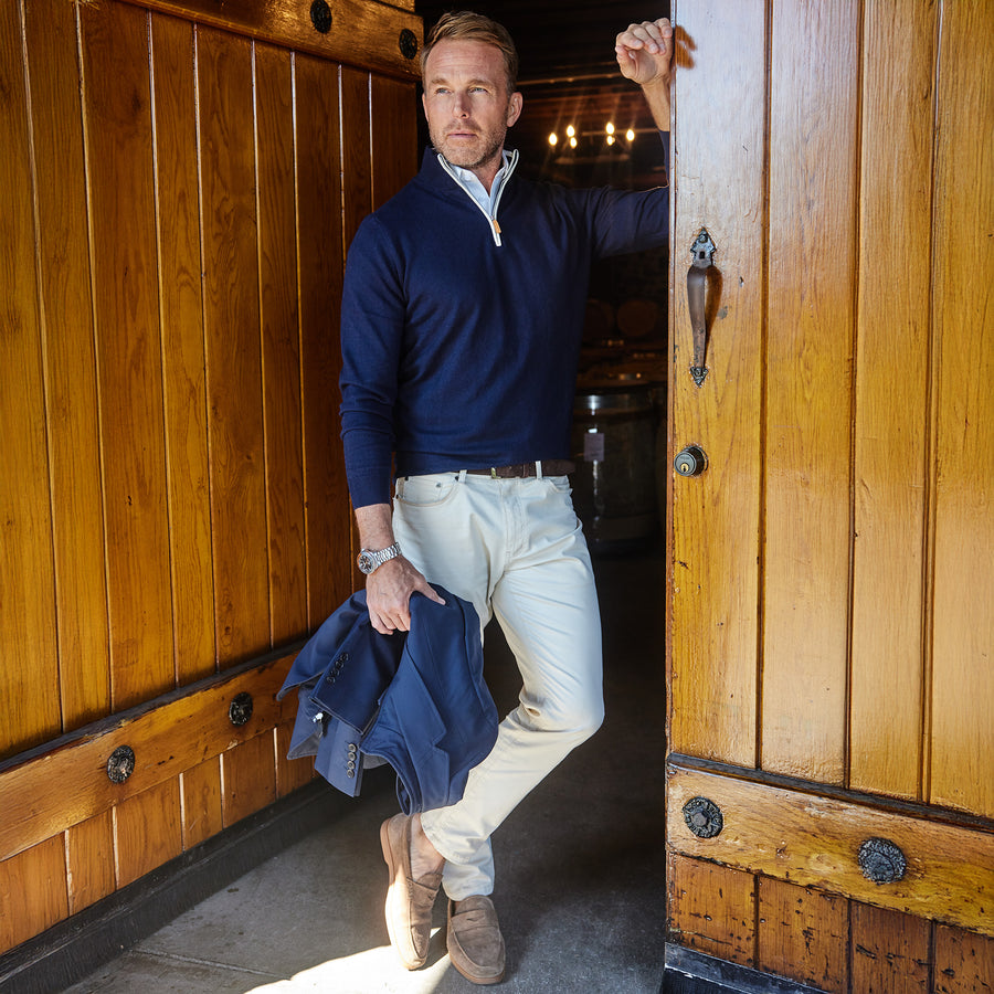 Navy with White Trim Luxury Touch Cotton and Cashmere Quarter Zip Sweater