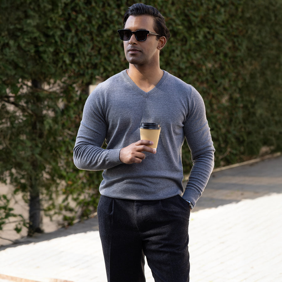 V Neck Sweater Luxurious Sweaters Grey Luxury Touch Cotton And