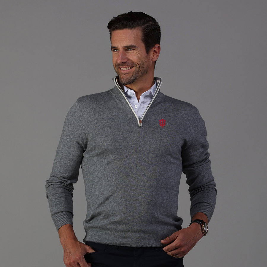 Indiana Grey with White Trim Luxury Touch Cotton and Cashmere Quarter Zip Sweater