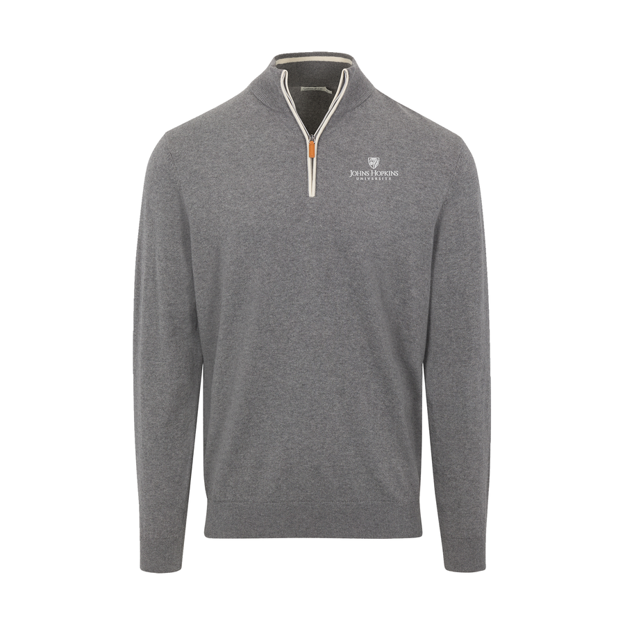 Johns Hopkins Grey with White Trim Luxury Touch Cotton and Cashmere Quarter Zip Sweater