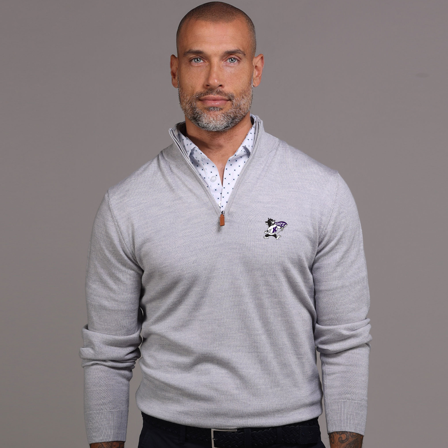 K-State Light Grey Melange Cashmere Touch Australian Merino Quarter Zip Sweater