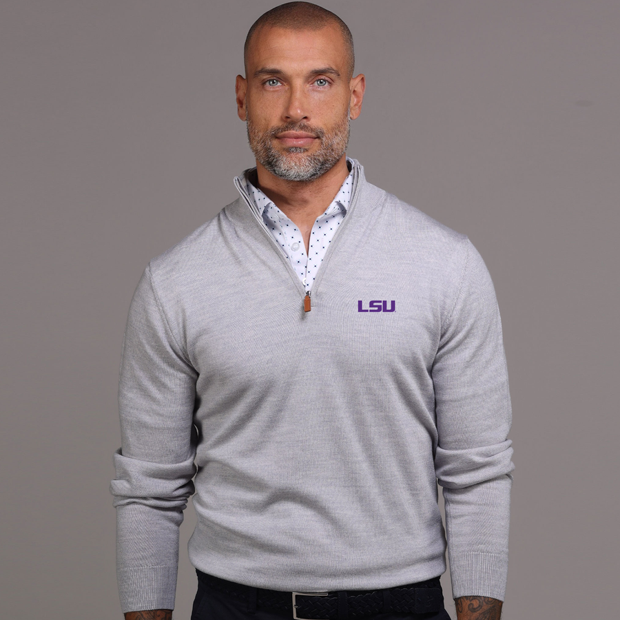 LSU Light Grey Melange Cashmere Touch Australian Merino Quarter Zip Sweater