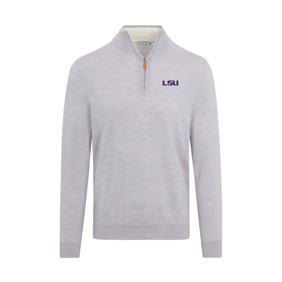 LSU Light Grey Melange Cashmere Touch Australian Merino Quarter Zip Sweater