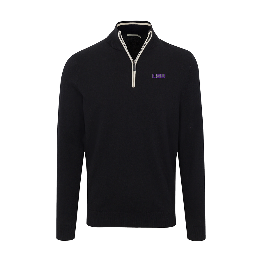 LSU Black with White Trim Luxury Touch Cotton and Cashmere Quarter Zip Sweater