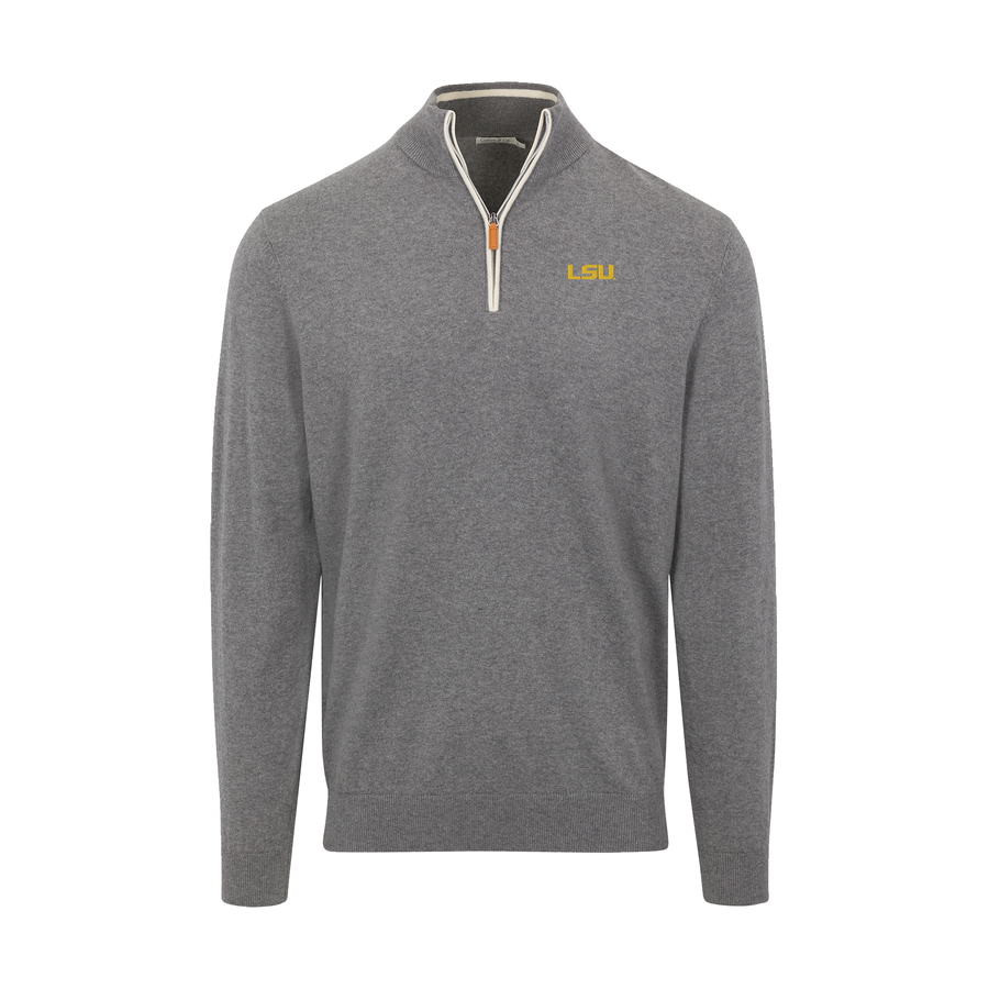 LSU Grey with White Trim Luxury Touch Cotton and Cashmere Quarter Zip Sweater