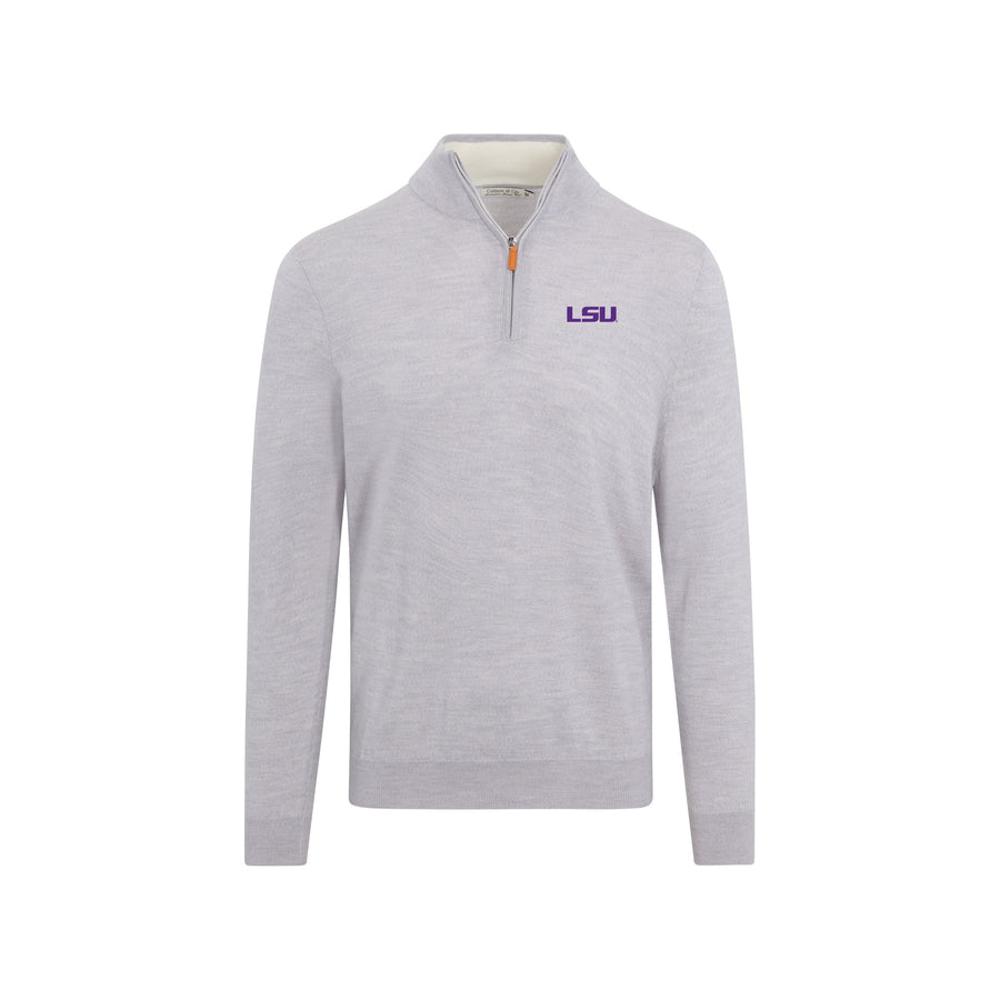 LSU Light Grey Melange Cashmere Touch Australian Merino Quarter Zip Sweater