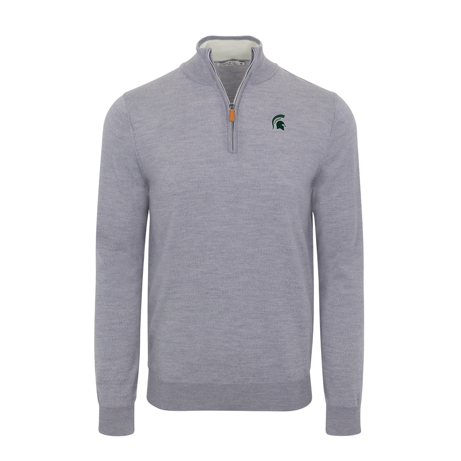 Michigan State Grey Melange Cashmere Touch Australian Merino Quarter Zip Sweater
