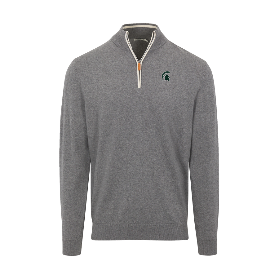 Michigan State Grey with White Trim Luxury Touch Cotton and Cashmere Quarter Zip Sweater