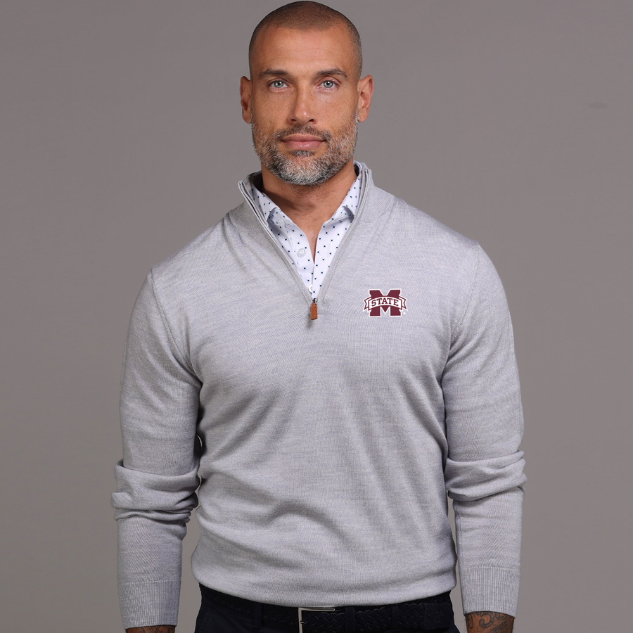 Mississippi State Light Grey Melange Cashmere Touch Australian Merino Quarter Zip Sweater